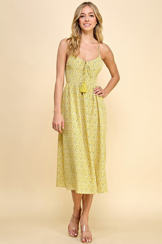 Floral Tassel Tie Back Midi Dress