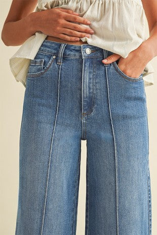 Stretch High Rise Pin Tuck Detail Wide Leg Jean