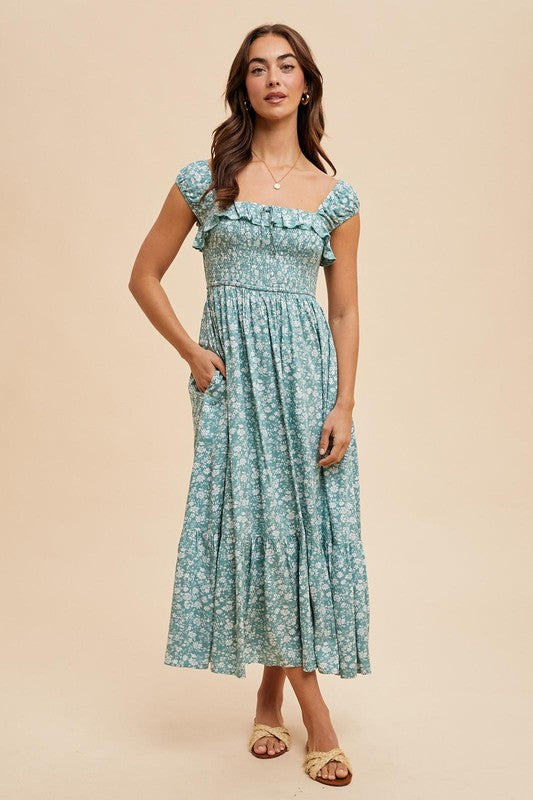 Smocked Floral Print Maxi