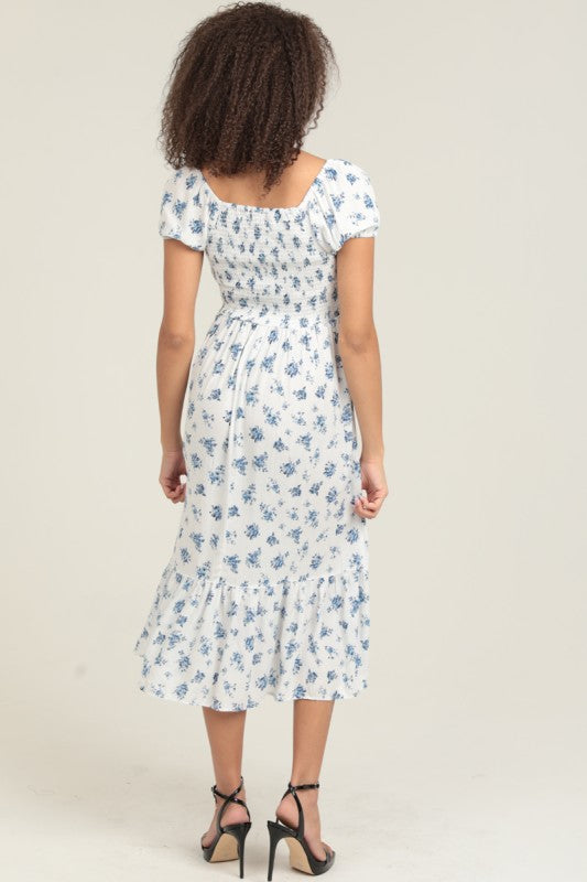 White And Blue Floral Short Sleeve Midi Dress