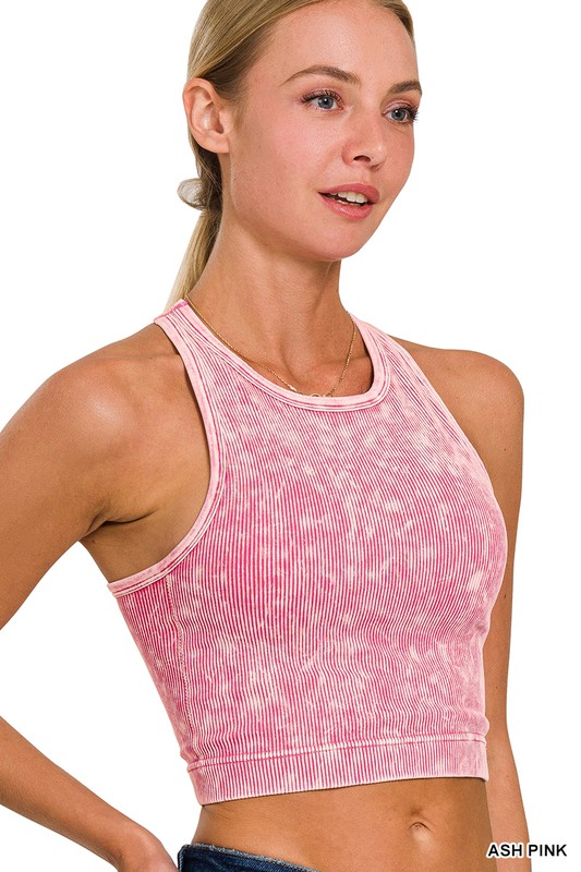 WASHED RIBBED SEAMLESS CROPPED TANK TOP W BRA PADS