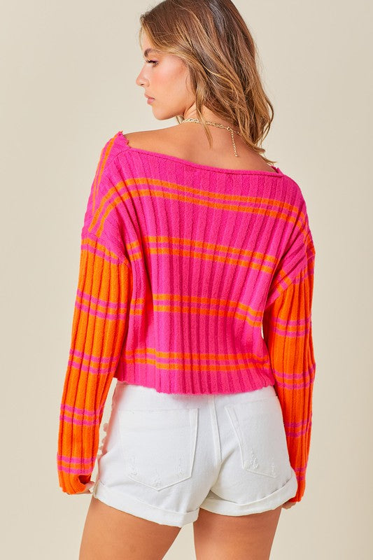 STRIPED CROPPED SWEATER WITH DISTRESSING DETAIL