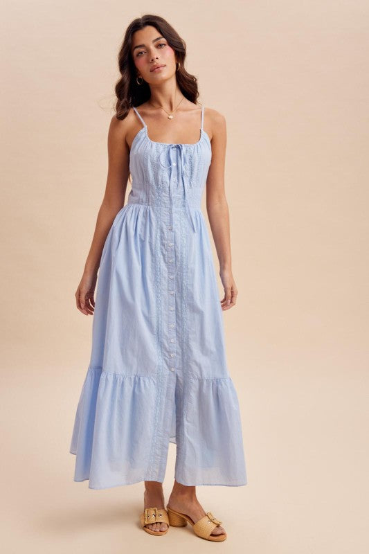 Gathered Cotton Button Down Maxi Dress