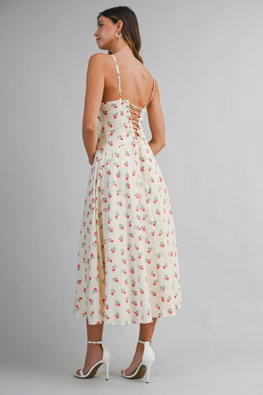 Floral Printed Lace Trim Back Lace Up Midi Dress