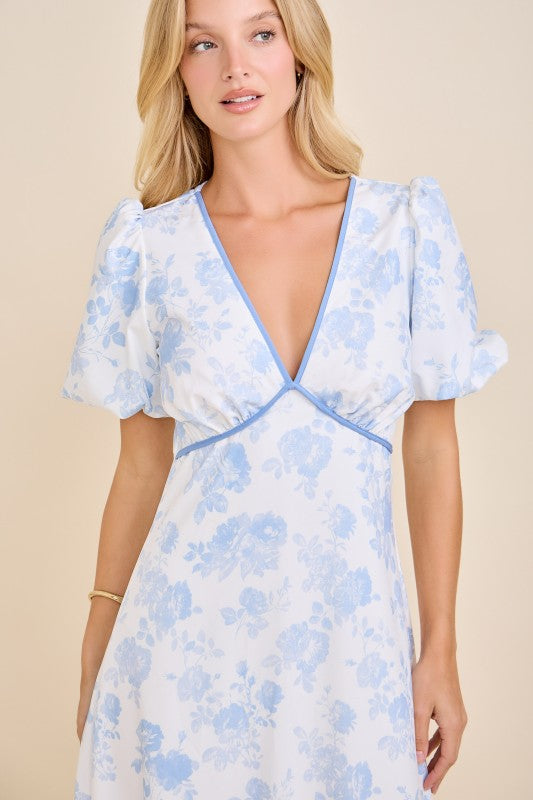 Floral Toile Print Bubble Sleeve Maxi Dress