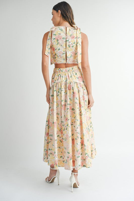 FLORAL SHOULDER RIBBON TOP AND MIDI SKIRT SET