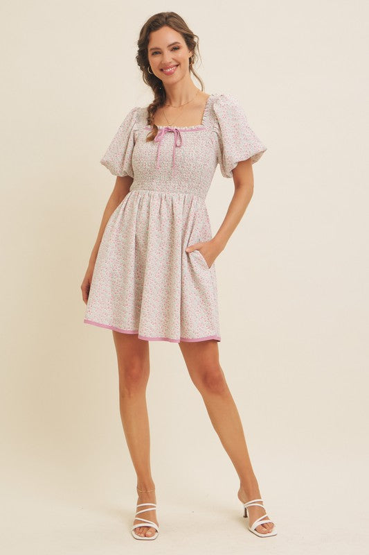 Romantic Ditsy Smocked Mini Dress With Bubble Slvs