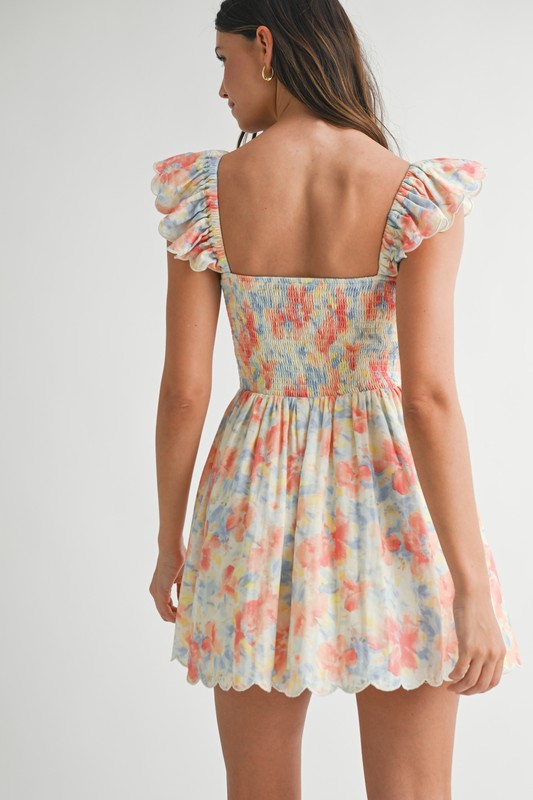 Floral Print Ruffle Sleeve Smocked Mini Dress