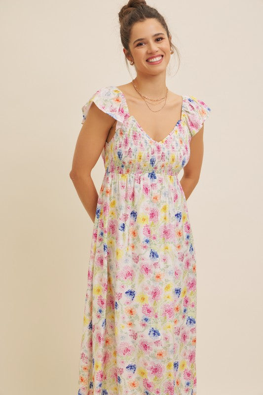 Pop Of Color Floral Smocked Maxi Dress With Bow