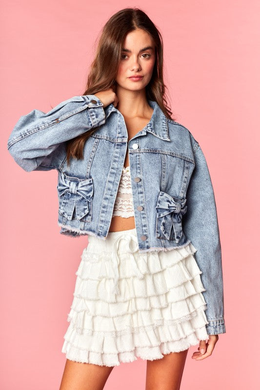Denim Bow Pocket Cropped Jacket