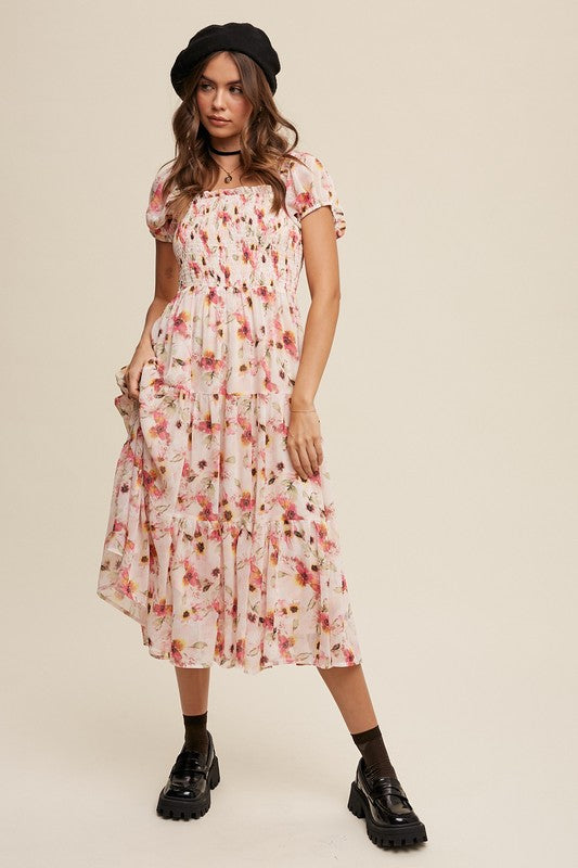 Floral Print Smocked Puff Sleeve Darling Dress