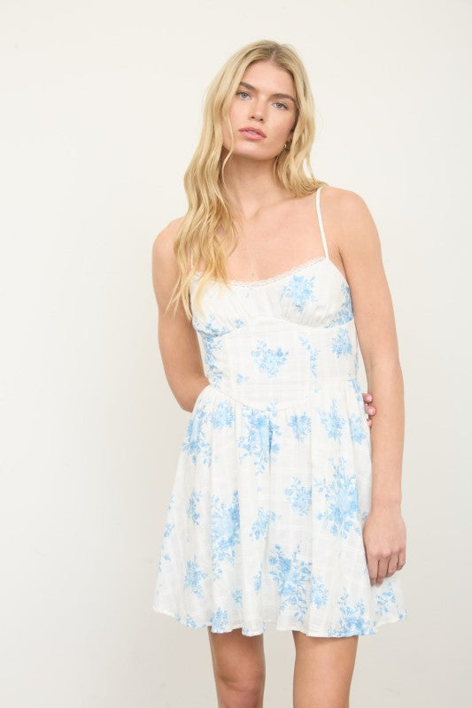 Floral Plaid Spaghetti Strap Corset Mini Dress