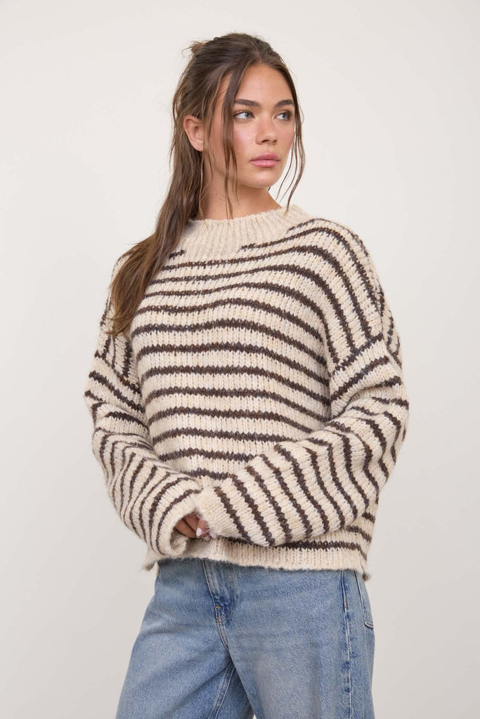 Stripe Rolled Edge Detail Long Sleeve Knit Sweater