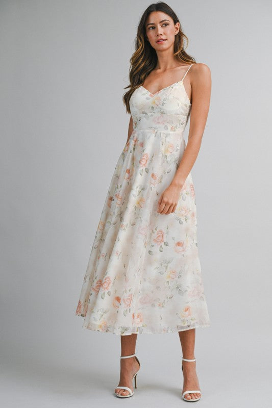 Floral Print Spaghetti Adjustable Strap Midi Dress