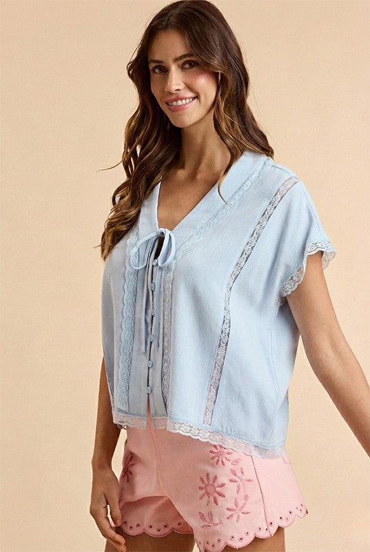 Linen Tie- Front Oversized Top With Lace Accent