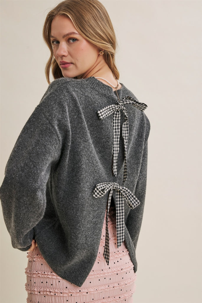 Autumn Picnic Playufl Open-back Gingham Bow Sweater Top