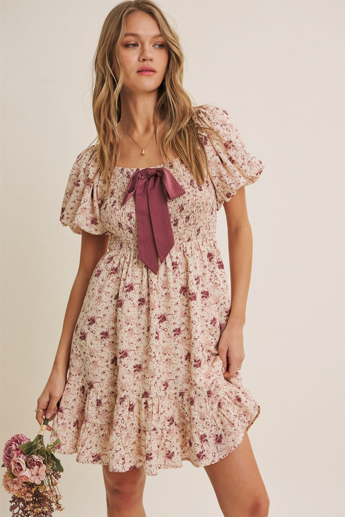 Autumn Garden Bow Smocked Mini Dress With Bubble Slvs