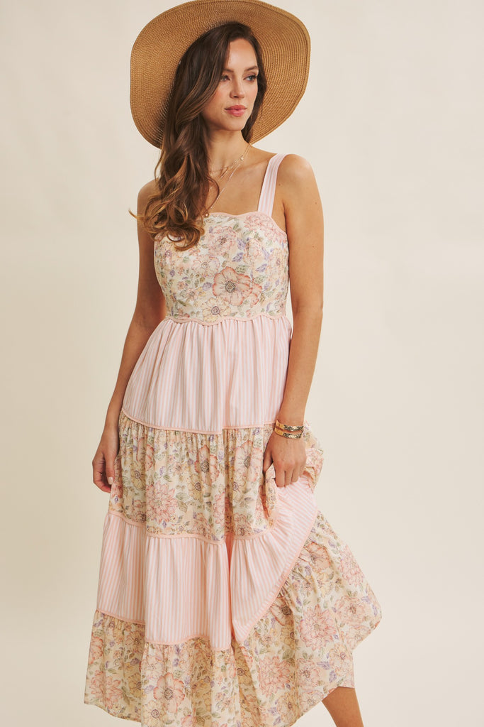 Dreamy Ideal Florals And Stripes Tiered Midi Dress