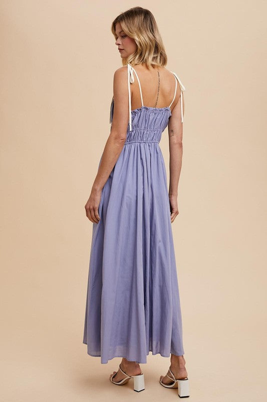 Cotton Blend Contrast Trim Maxi Dress
