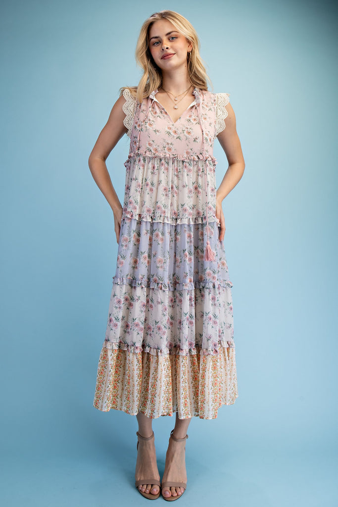 Vintage Floral Ruffled Tiered Midi Dress