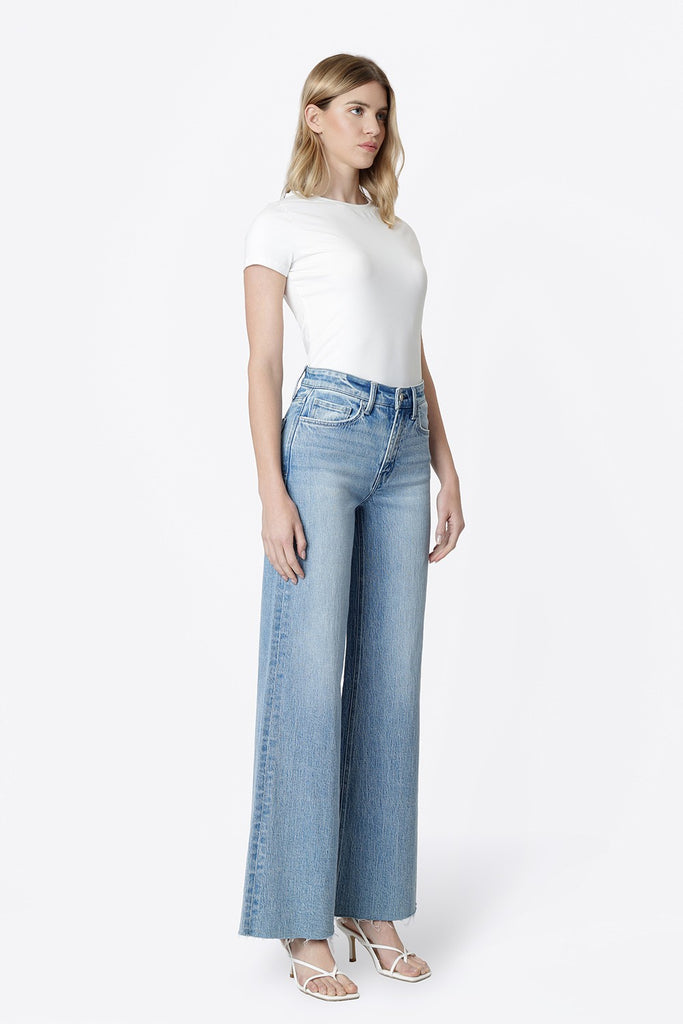 High Rise Clean Cut Raw Hem Wide Jeans