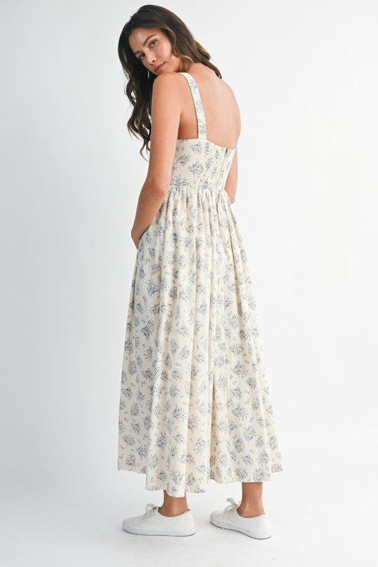 Floral Print Square Neck Contrast Pipinig Dress