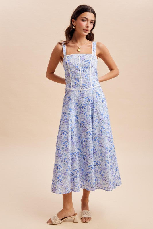 Contrast Piped Floral Maxi Dress