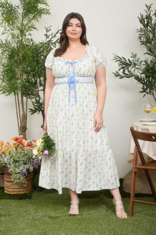 Plus Floral Tile Print Contrast Tie Midi Dress