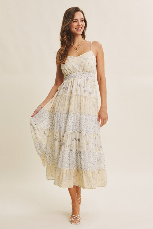 Meadow-inspired Mixed Floral Bow-back Midi Dress