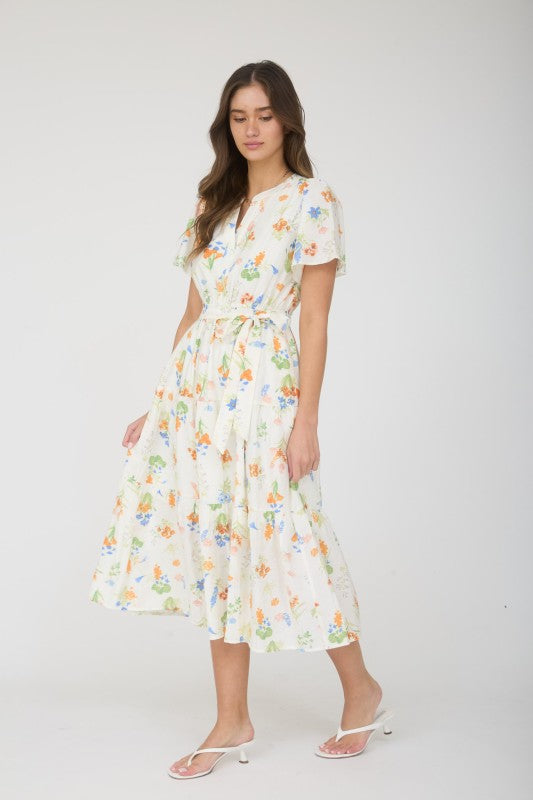 Floral Split Neck Belt Strap Tiered Midi Dress