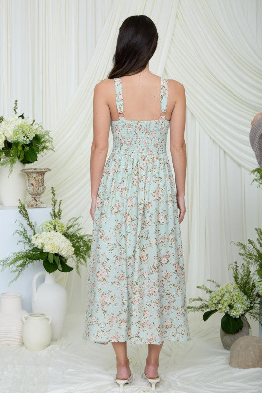 Floral Lace Trim Corset Sleeveless Midi Dress