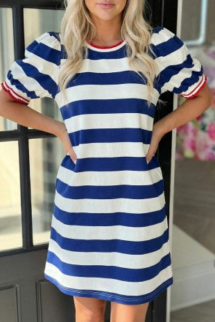 Stripe Contrast Trim Round Neck Short Puff Sleeve Dress