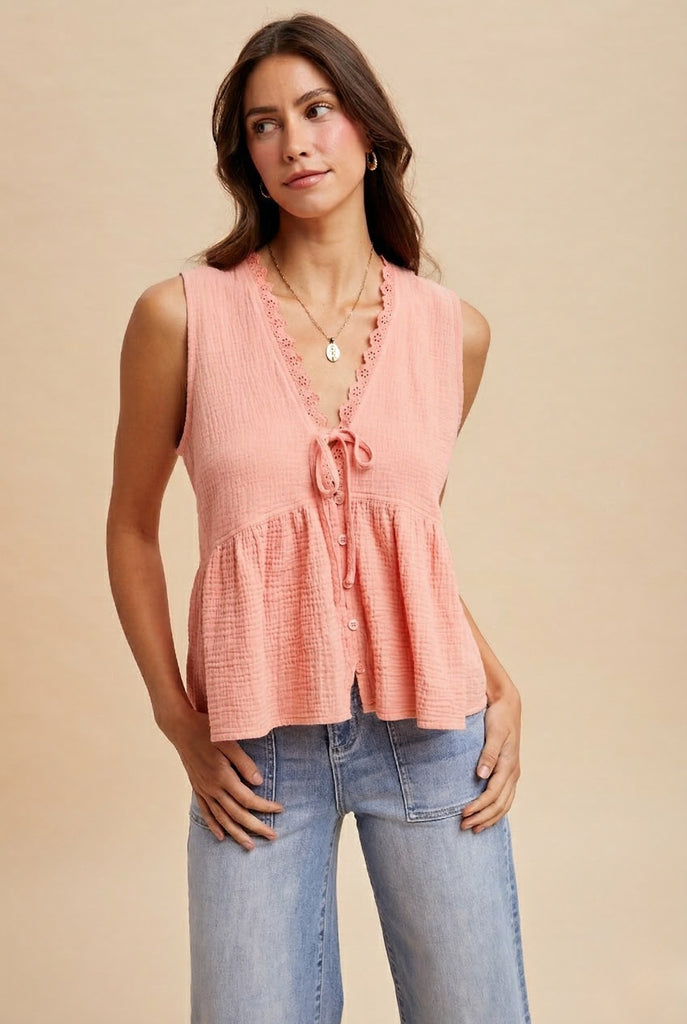 Sleeveless Button Front Top With Lace Trimmed