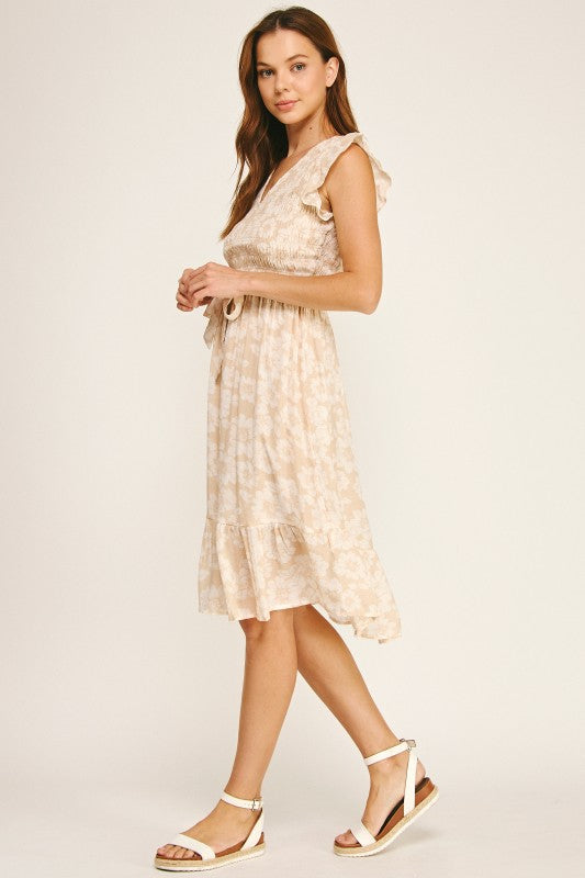 Smocked Flutter Sleeve Floral Midi Dress