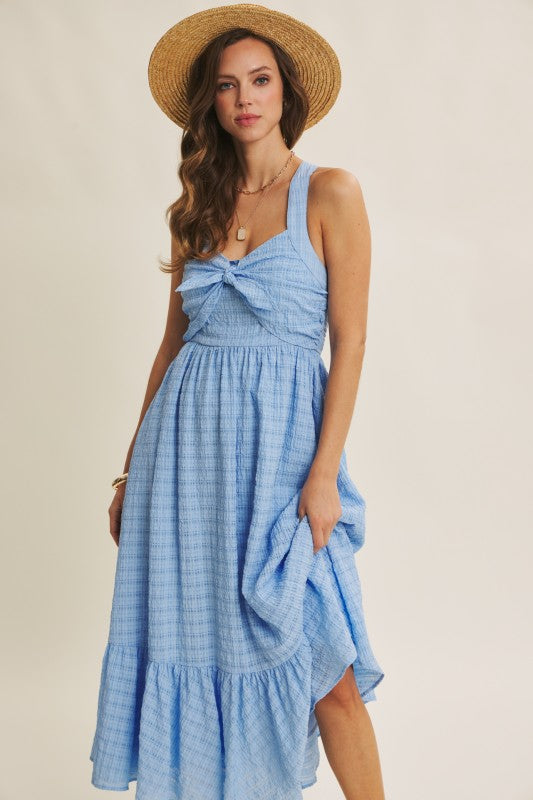 Mood-lifting Textured Flare Smocked Midi Dress