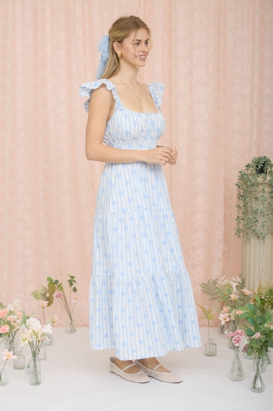 Stripe Floral Flounce Strap Tiered Midi Dress