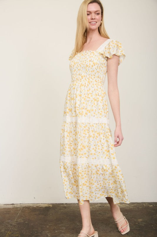 Floral Lace Trim Smocked Tiered Midi Dress