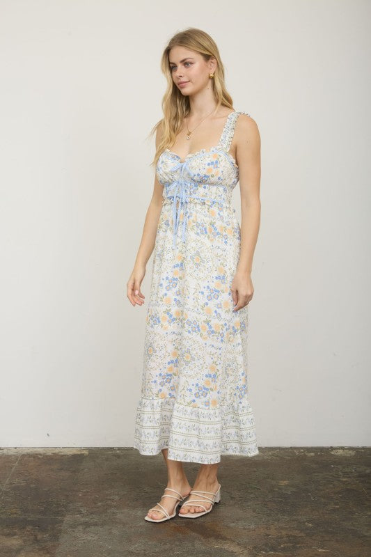 Border Floral Sleeveless Front Tie Midi Dress