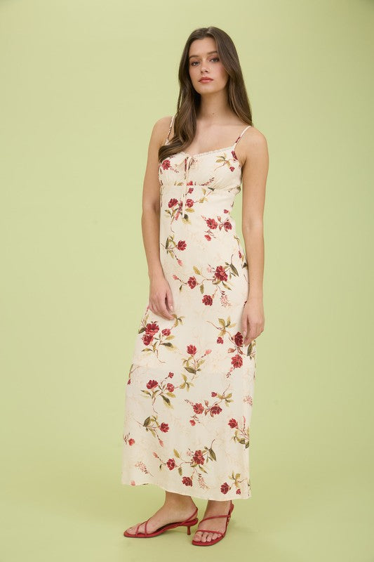 Floral Lace Trim Front Tie Midi Dress
