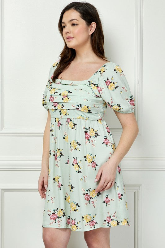 Plus-size Floral Breeze Pleated Baby Doll Dress