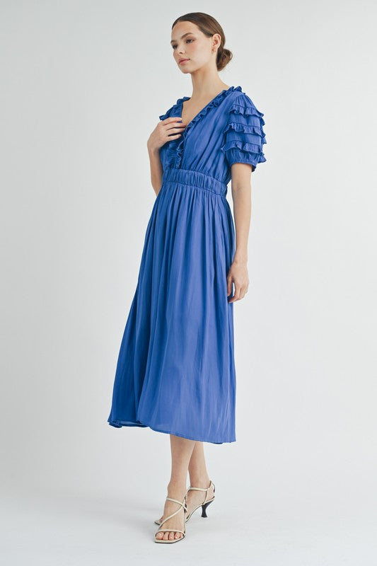 Ruffled V-neck Midi Dress With Elastic Waist