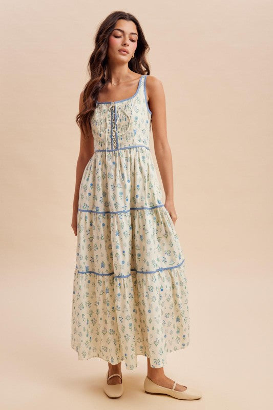 Cotton Floral Lace Up Maxi Dress