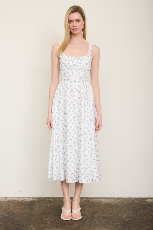 Floral Sleeveless Front Tie Corset Midi Dress