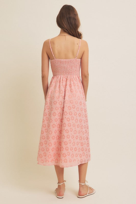 Sweetheart Floral Laser Cut Gingham Midi Dress