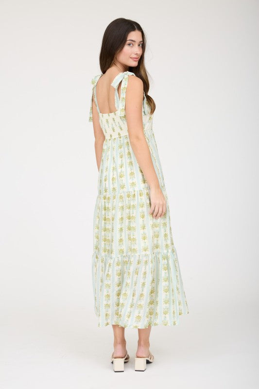 Stripe Floral Contrast Sleeveless Midi Dress