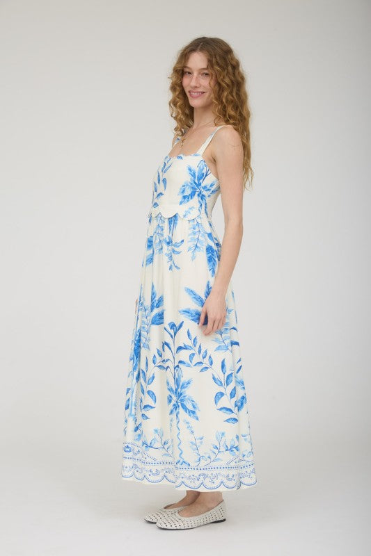 Leaf Print Scallop Detail Sleeveless Midi Dress