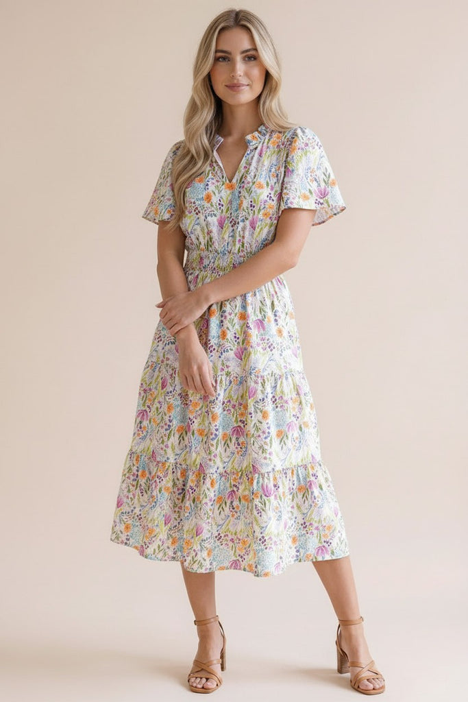 Notch Neck Smocked Waist Tiered Floral Dress