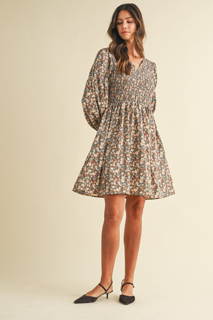 Vintage Flower Print Smocking Detail Mini Dress