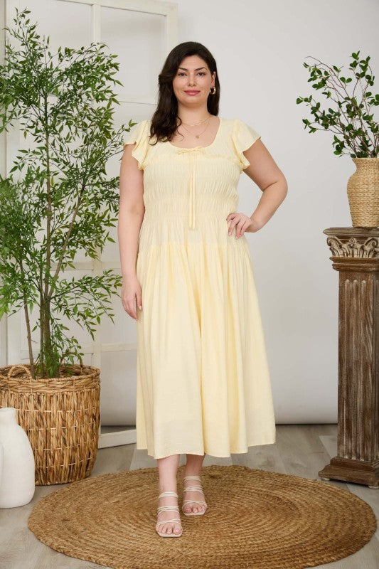 Plus Shirred Bodice Ruffle Sleeve Midi Dress