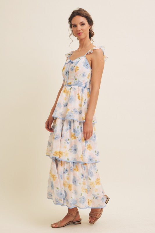 Floral Midi Dress With Ruffled Straps